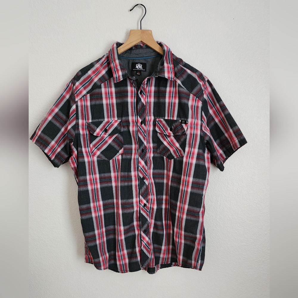 Rock & Republic Gray Red Plaid Men's XL Casual Western Short Sleeve Shirt